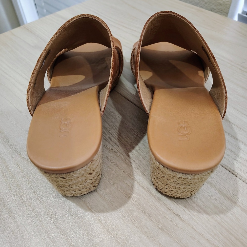 UGG Eirene Espadrille Wedge Sandals Women 10 Brown Leather Jute Boho Chic Resort - Picture 3 of 8